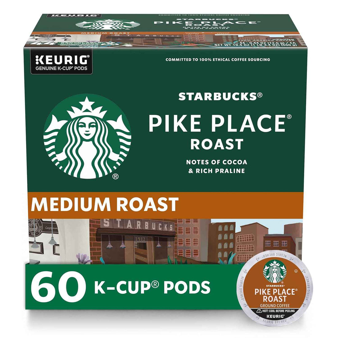 Starbucks K-Cup Coffee Pods, Medium Roast Hot or Iced Coffee, Pike Place Roast, 60 Keurig Pods