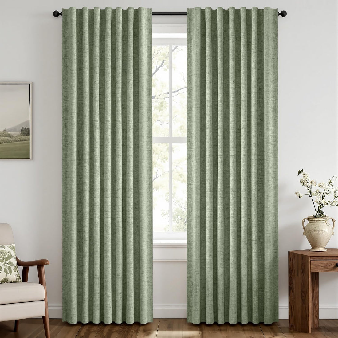 MIULEE 100% Blackout Linen Curtains 42 x 90 Inch Sage Green 2 Panels