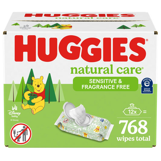 Huggies Natural Care Sensitive Baby Wipes, Unscented, Hypoallergenic, 99% Purified Water, 12 Flip-Top Packs (768 Wipes