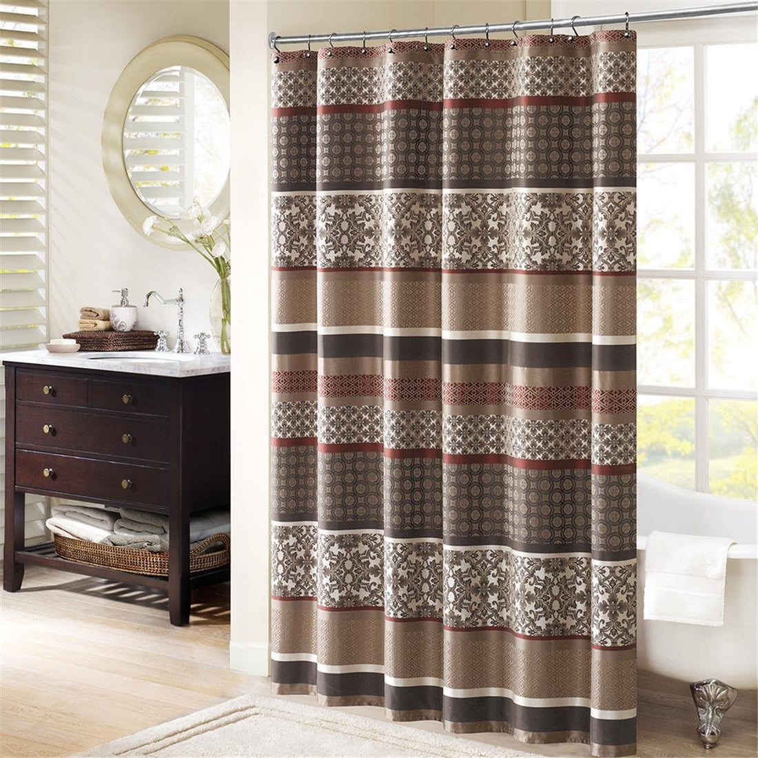 Madison Park Geometric Jacquard Fabric Shower Curtain, 72"x72", Red