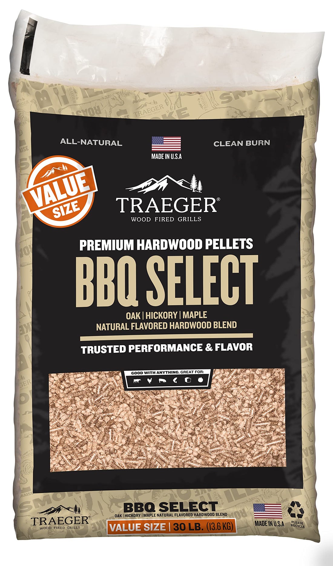 Traeger Grills BBQ Select 100% All-Natural Wood Pellets for Smokers and Pellet Grills, BBQ, Bake, Roast, and Grill, 30 lb.