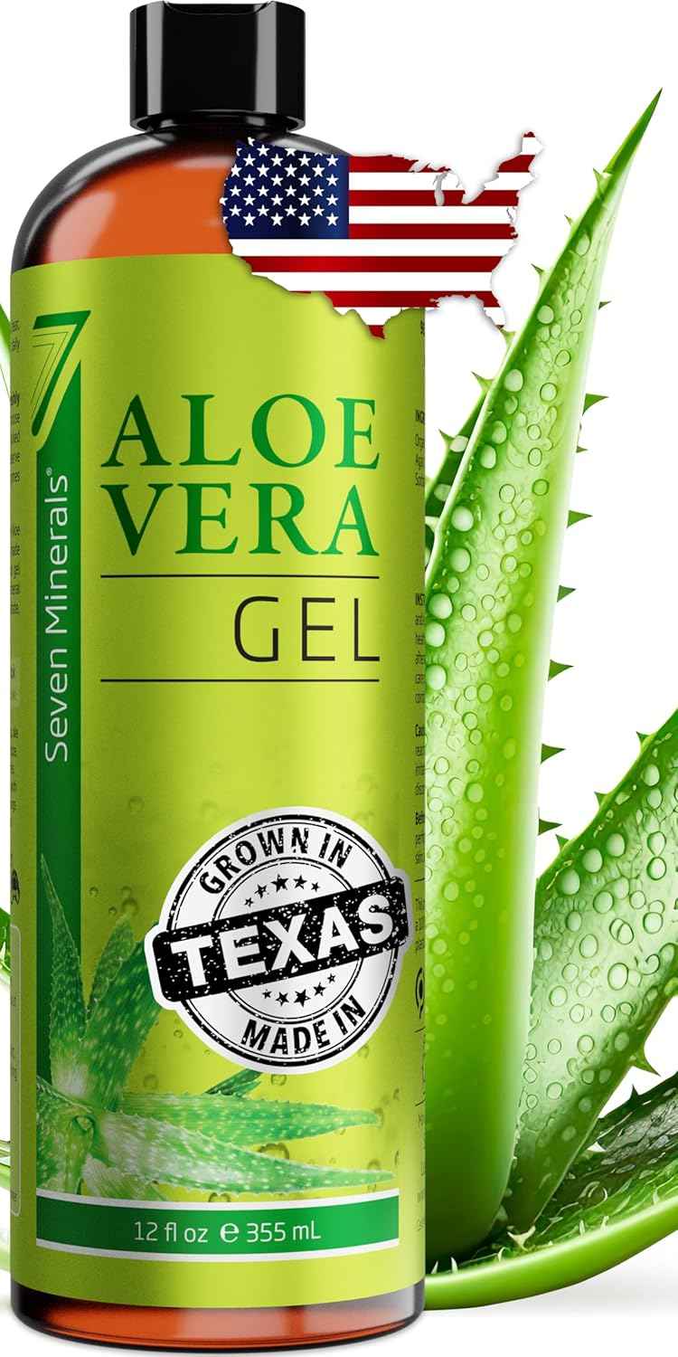 Seven Minerals Aloe Vera Gel with Freshly Cut Pure Organic Aloe - Big 12oz - Texas Grown, HighestQuality, Vegan, Unscented, Non-Sticky - After Sun, Skin & Face Moisturizer, Hair Mask