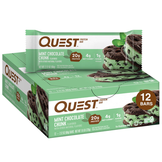Quest Nutrition Mint Chocolate Chunk Protein Bars, 20g Protein, 1g Sugar, 4g Net Carb, Gluten Free, Keto Friendly, 12 Count - PCTechSupply.com