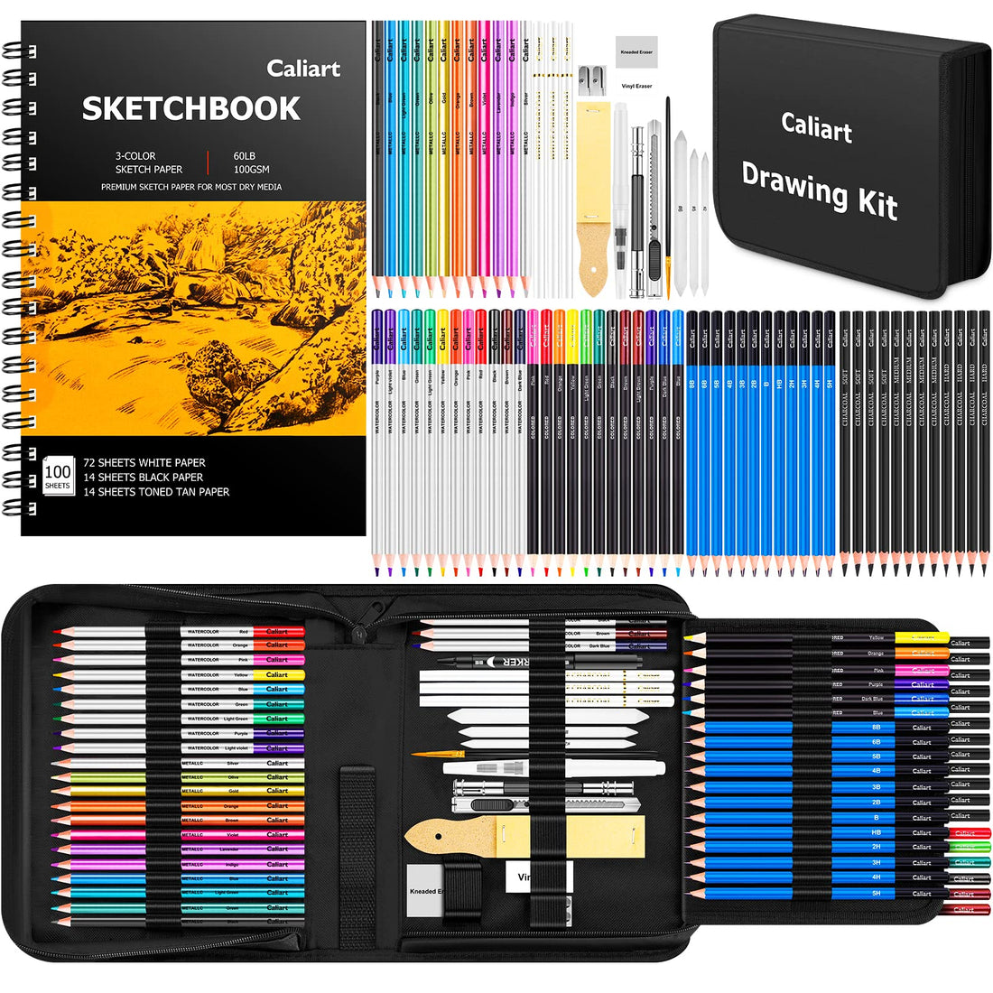 Caliart 176PCS Art Supplies Sketching Kit with 100 Sheets 3-Color Sketch Book, Graphite Colored Charcoal Watercolor &
