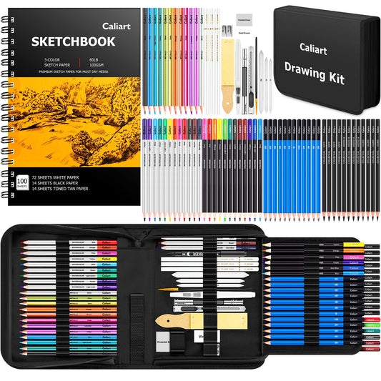 Caliart 176PCS Art Supplies Sketching Kit with 100 Sheets 3-Color Sketch Book, Graphite Colored Charcoal Watercolor &