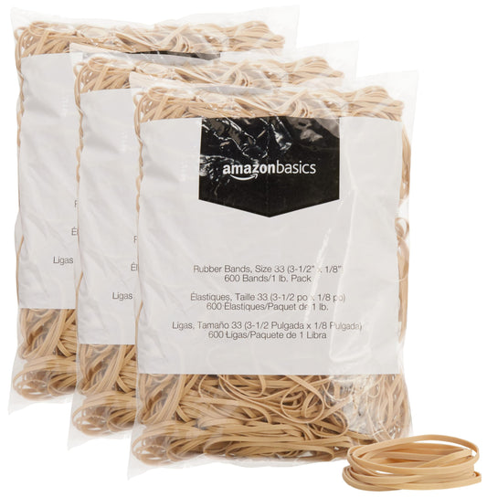 Amazon Basics Rubber Bands, Size 33 (3-1/2 x 1/8 Inch), 600 Bands/1 lb Pack, 3-Pack, Tan - PCTechSupply.com