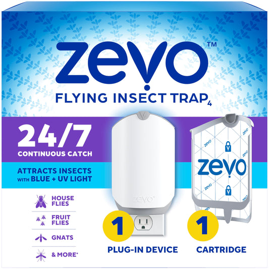 Zevo Flying Insect Trap for Indoors: Light Trap Captures Fruit Flies, Gnats and Houseflies, Starter Kit (1 Plug-in Base + 1