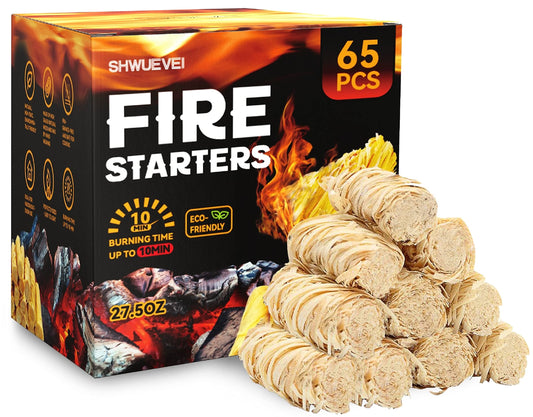 Shwuevei 65 pcs Fire Starter - Natural Fire Starters for Fireplace, Pellet Stove & Wood, Fire Pit, Smoker, BBQ, Chimney,