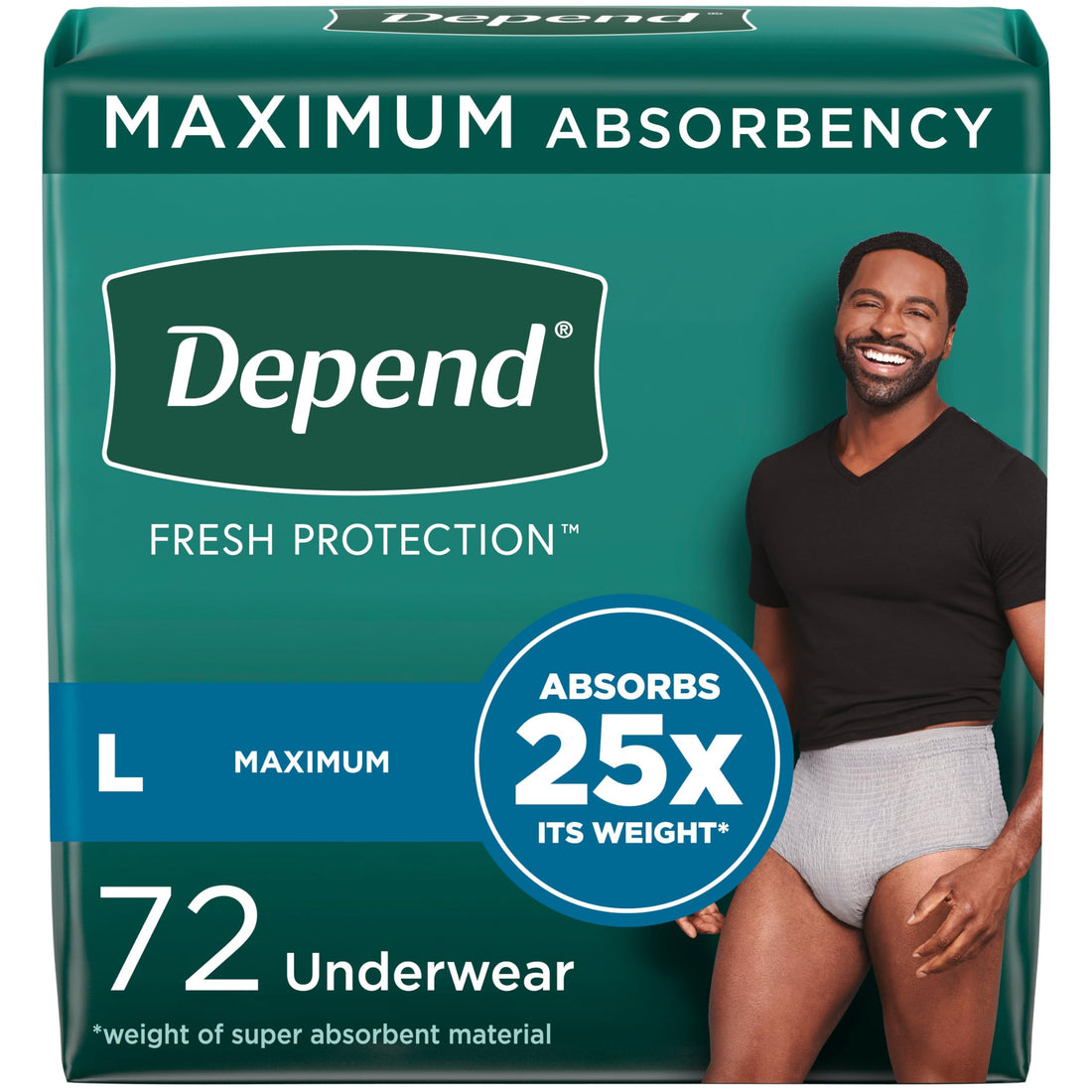 Depend Fresh Protection Adult Incontinence Underwear for Men, Disposable, Maximum, Large, Grey, 72 Count (2 Packs of 36),
