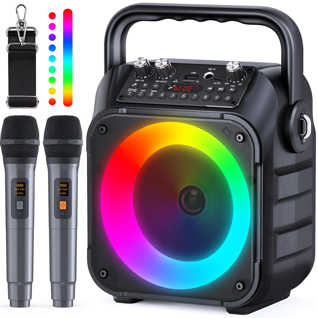 Karaoke Machine, Portable Bluetooth Speaker with 2 Wireless Microphones for Adults & Kids with Lights, Karaoke Microphone