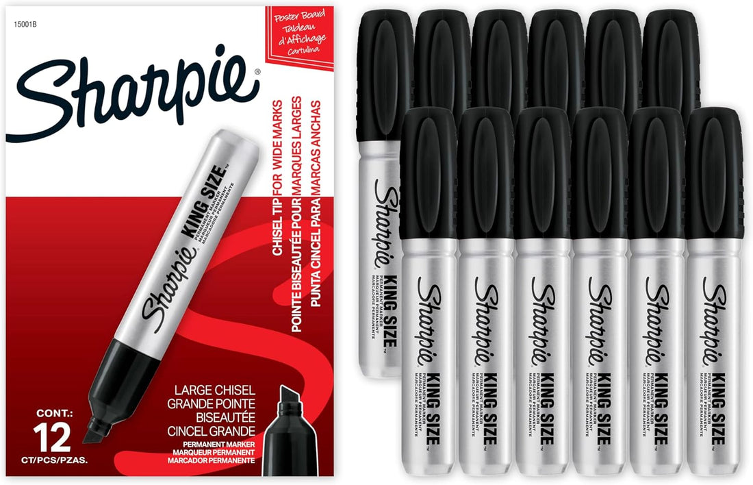 Sharpie King Size Permanent Markers, Chisel Tip, Black, 12 Count - Thick Poster Markers, Heavy Duty For Work & Industrial Use, High Capacity Ink Supply, For Paper, Metal, Plastic, And More