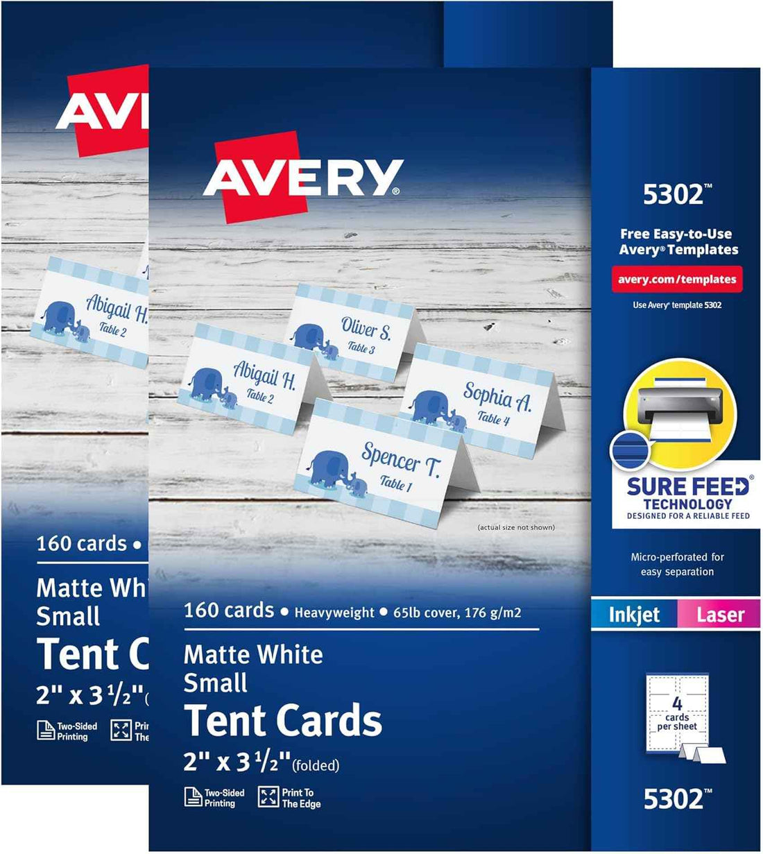 Avery Printable Tent Cards with Sure Feed Technology, 2" x 3.5", Matte White, 2-Pack, Total of 320 Blank Place Cards for Laser or Inkjet Printers (5812)