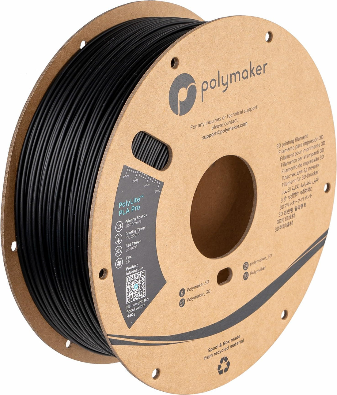 Polymaker PLA PRO Filament 1.75mm, Tough & High Rigidity Black PLA Filament 1.75mm 1kg Cardboard Spool - PolyLite PLA PRO 3D