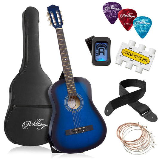 Ashthorpe 38-inch Beginner Acoustic Guitar Package (Blue), Basic Starter Kit w/Gig Bag, Strings, Strap, Tuner, Pitch Pipe,