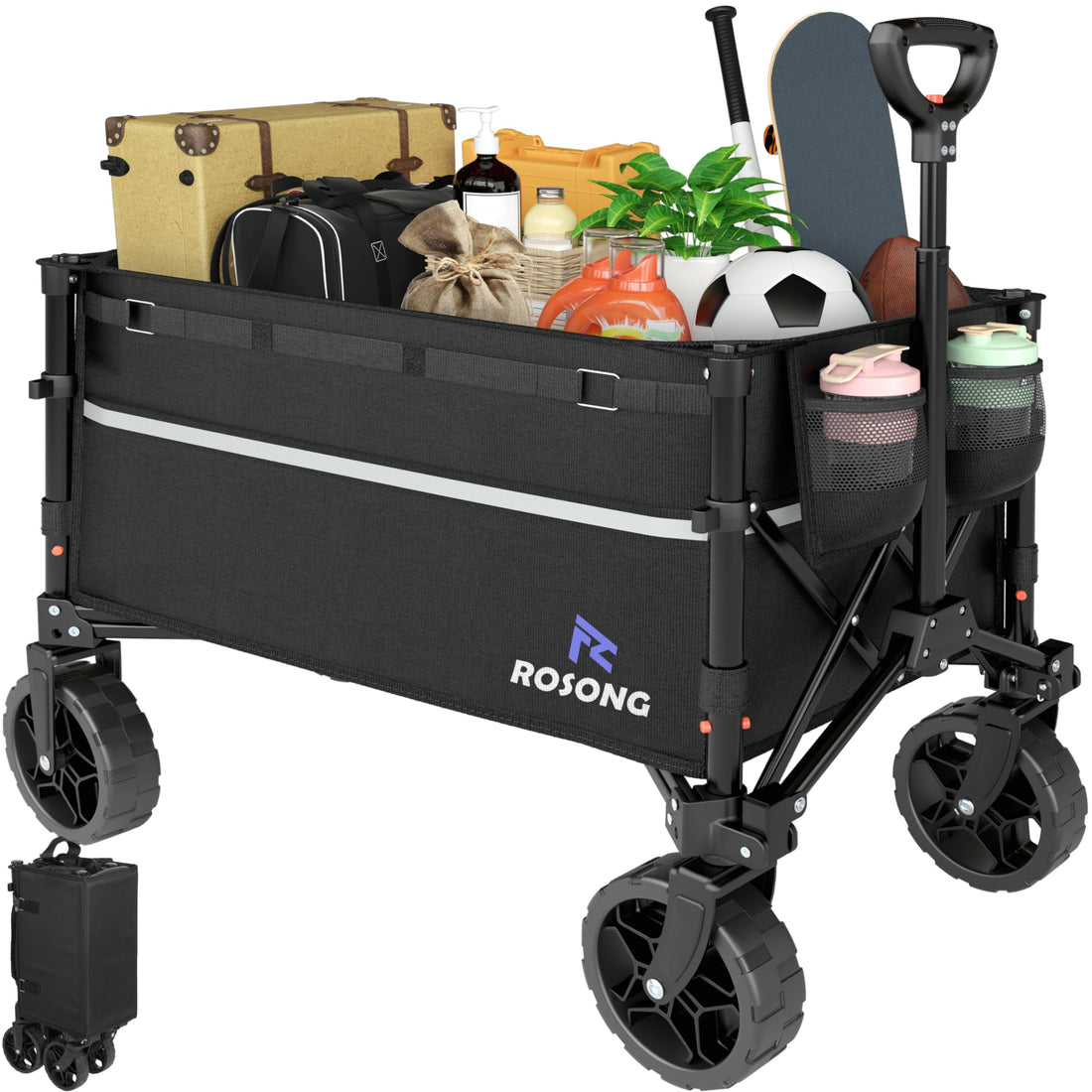 ROSONG Collapsible Wagon Cart with Wheels Foldable - Folding Utility Heavy Duty Wagons Carts for Grocery Sports Garden