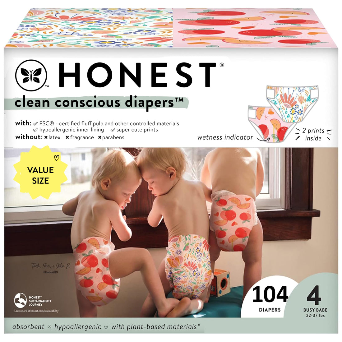 The Honest Company Clean Conscious Diapers | Plant-Based, Sustainable | Just Peachy + Flower Power | Super Club Box, Size 4