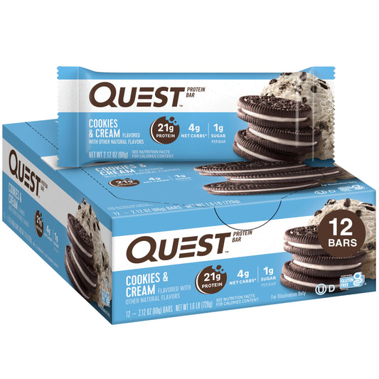 Quest Nutrition Cookies & Cream Protein Bars, 21g Protein, 1g Sugar, 4g Net Carb, Gluten Free, Keto Friendly, 12 Count - PCTechSupply.com