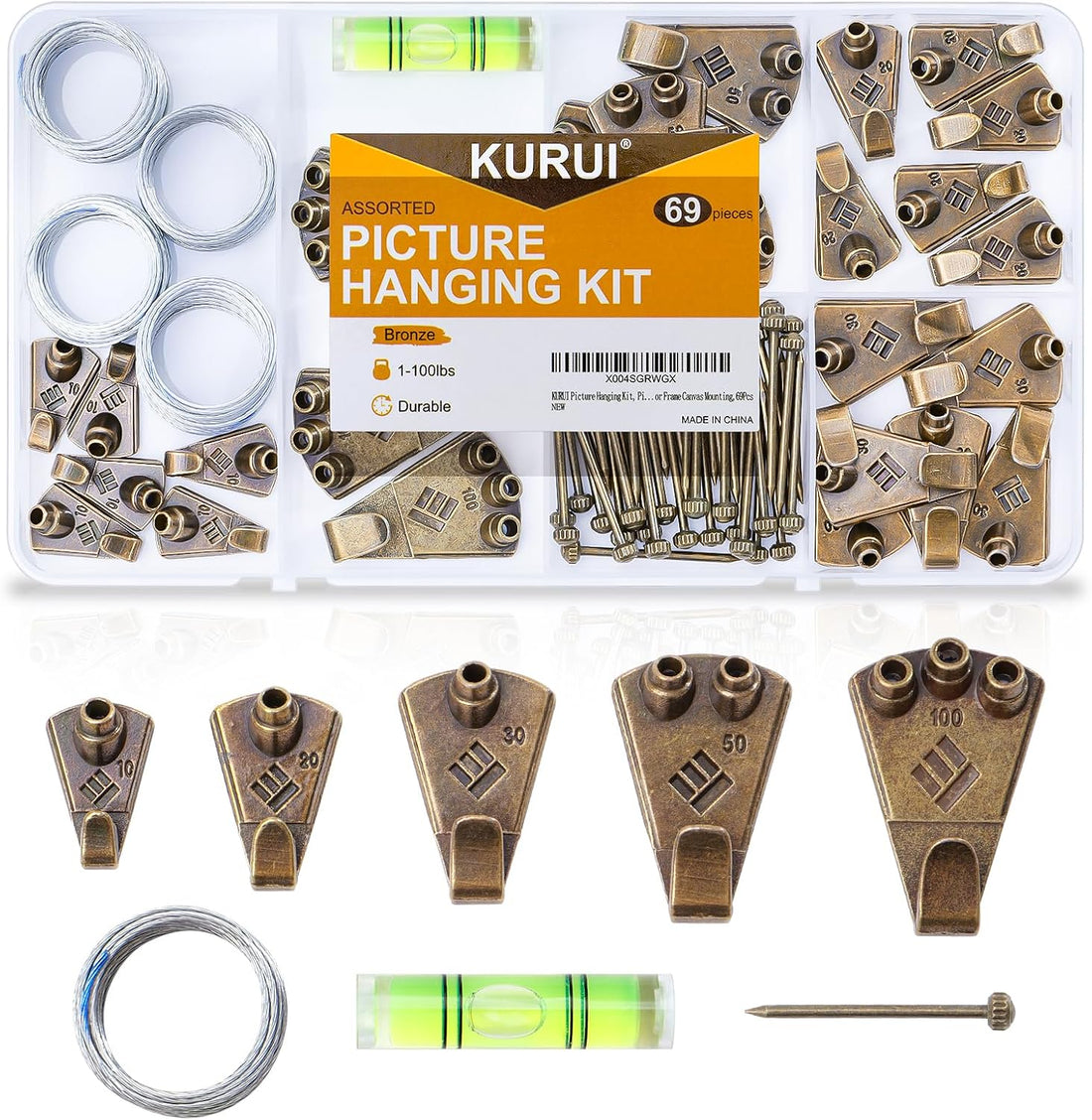 KURUI Bronze Picture Hanging Kit, Heavy Duty Wall Hangers Set with Brass Hooks, Nails, Wire and Mini Level, Assorted Sizes, for Frames, Posters, Art, Canvas, Home Decor, 69 Pcs