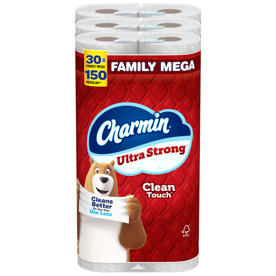 Charmin Toilet Paper Ultra Strong Clean Touch, 30 Family Mega Rolls = 150 Regular Rolls (Packaging May Vary), Bulk Toilet