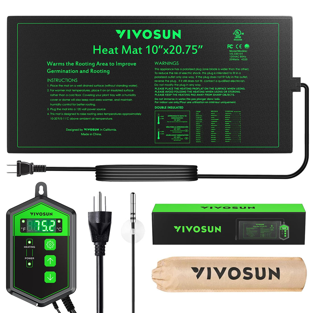 VIVOSUN 10"x 20.75" Seedling Heat Mat and Digital Thermostat Combo Set, UL & MET-Certified Warm Hydroponic Heating Pad for Germination, Indoor Gardening, Greenhouse - PCTechSupply.com