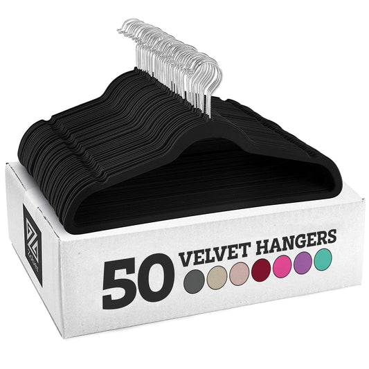 Zober Velvet Hangers 50 Pack - Heavy Duty Black Hangers for Coats, Pants & Dress Clothes - Non Slip Clothes Hanger Set - Space Saving Felt Hangers for Clothing - PCTechSupply.com