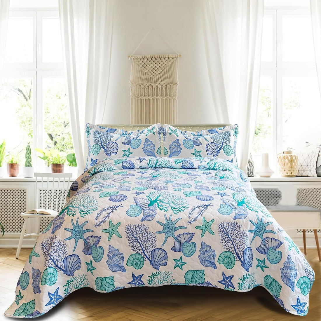 3 Piece Quilts Full/Queen Size Ocean Theme,Lightweight Coastal Beach Bedding Seashell Conch Starfish Bedspread Coverlet with 2 Pillowshams