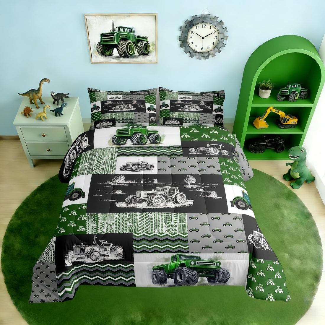 Tractor Bedding Set Twin Size Equipment Trucks Comforter Farmhouse Harvester Down Comforter for Kids Boys Car Bedroom Decor Green Vehicle Quilt Plaid with 1 Pillowcase, Grey
