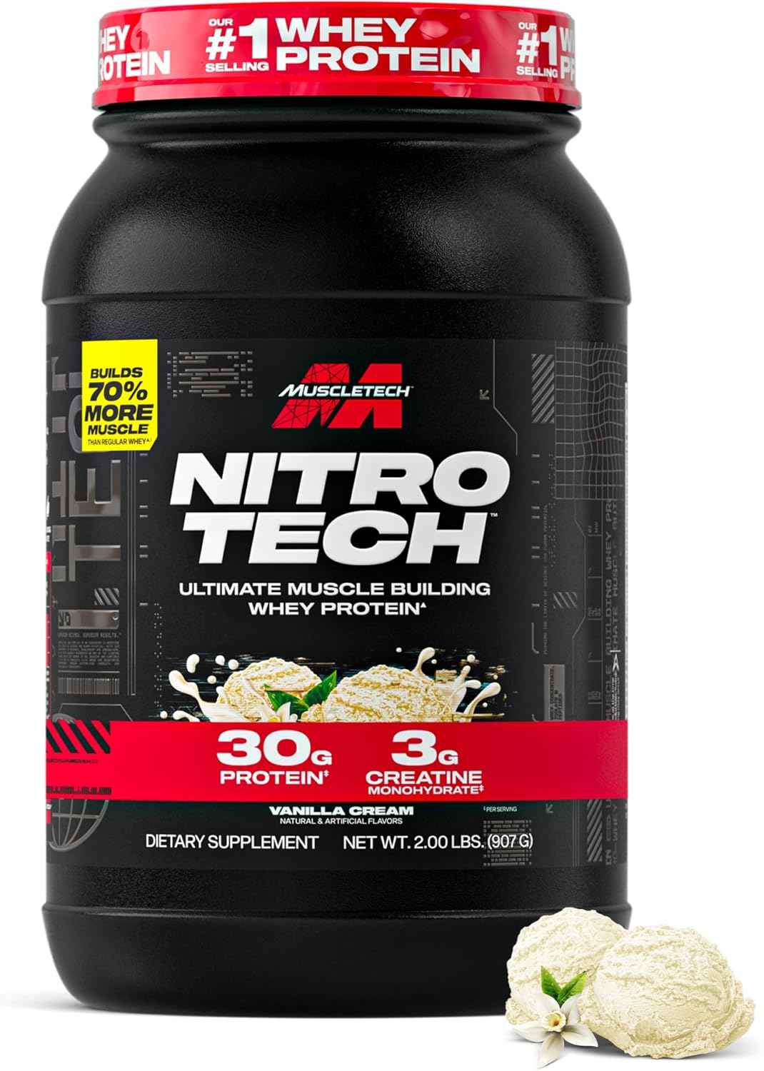 MuscleTech Whey Protein Powder (Vanilla Cream, 2.2LB) - 30g Protein | Nitro-Tech Ultimate Muscle Building Formula with Whey Protein Isolate - 3g of Creatine & 6.8g of BCAA - Packaging May Vary