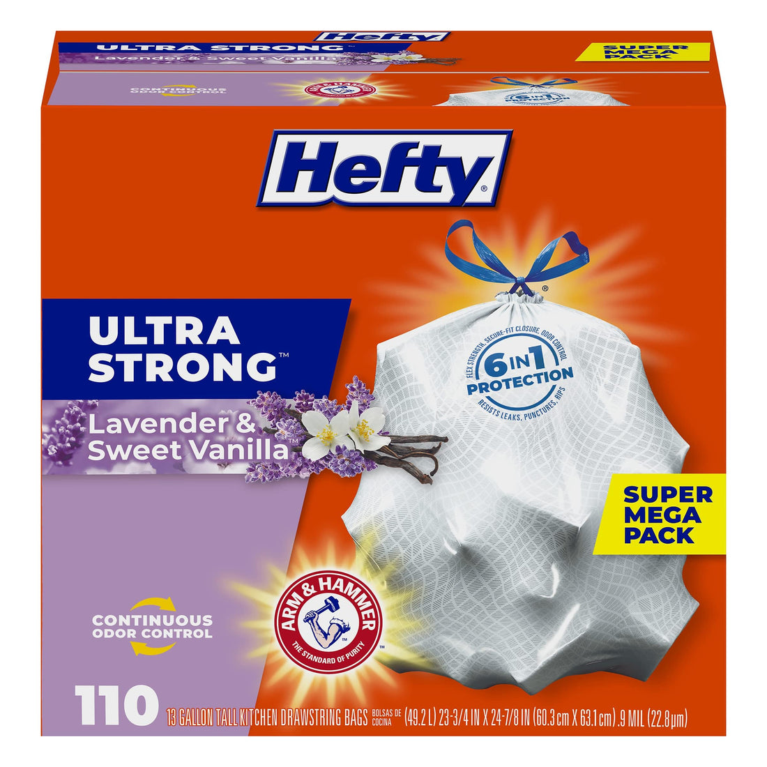 Hefty Ultra Strong 13 Gallon Trash Bags, Tall Kitchen Trash Bags, Break Resistant Drawstring Enclosure, Resists Leaks and Punctures, Odor Neutralizer, White, Lavender and Sweet Vanilla, 110 Bags - PCTechSupply.com