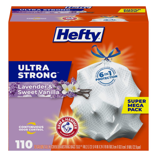 Hefty Ultra Strong 13 Gallon Trash Bags, Tall Kitchen Trash Bags, Break Resistant Drawstring Enclosure, Resists Leaks and Punctures, Odor Neutralizer, White, Lavender and Sweet Vanilla, 110 Bags - PCTechSupply.com