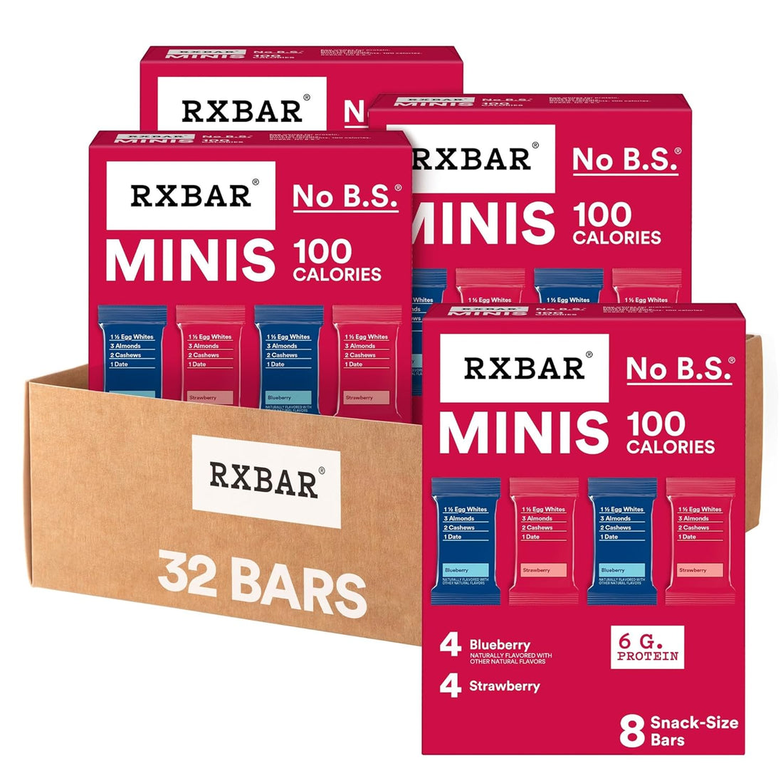 RXBAR Minis Protein Bars, 6g Protein, Gluten Free Snacks, Blueberry & Strawberry Variety Pack (4 Boxes, 32 Bars)