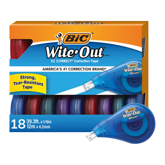 BIC Wite-Out Brand EZ Correct Correction Tape, 39.3 Feet, 18-Count Pack of white Correction Tape, Fast, Clean and Easy to