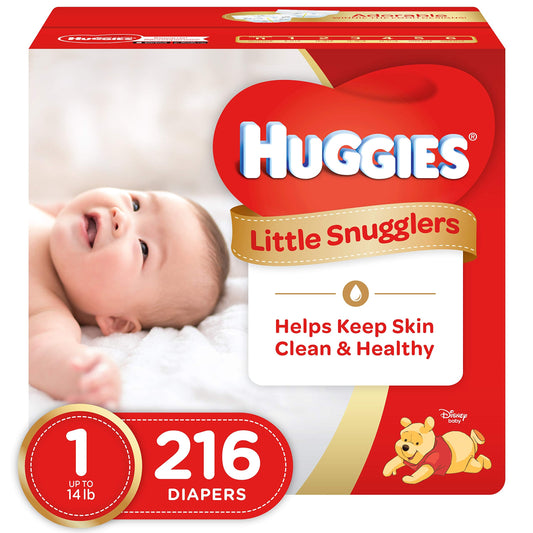 HUGGIES Little Snugglers Baby Diapers, Size 1, 216 Count, Unscented, Hypoallergenic, GentleAbsorb Liner, Pocketed-Back