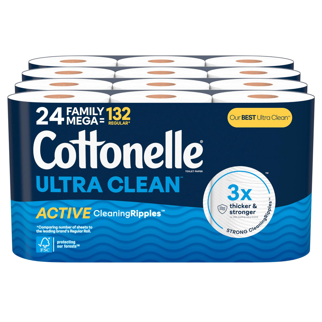 Cottonelle Ultra Clean Toilet Paper with Active CleaningRipples Texture, 24 Family Mega Rolls (24 Family Mega Rolls = 132