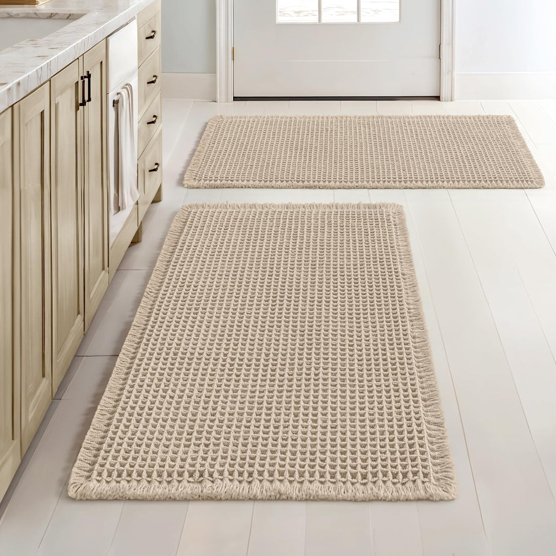 MIULEE Set of 2 Waffle Bathroom Rugs Boho Bath Mat Pale Beige 18x30 Inch