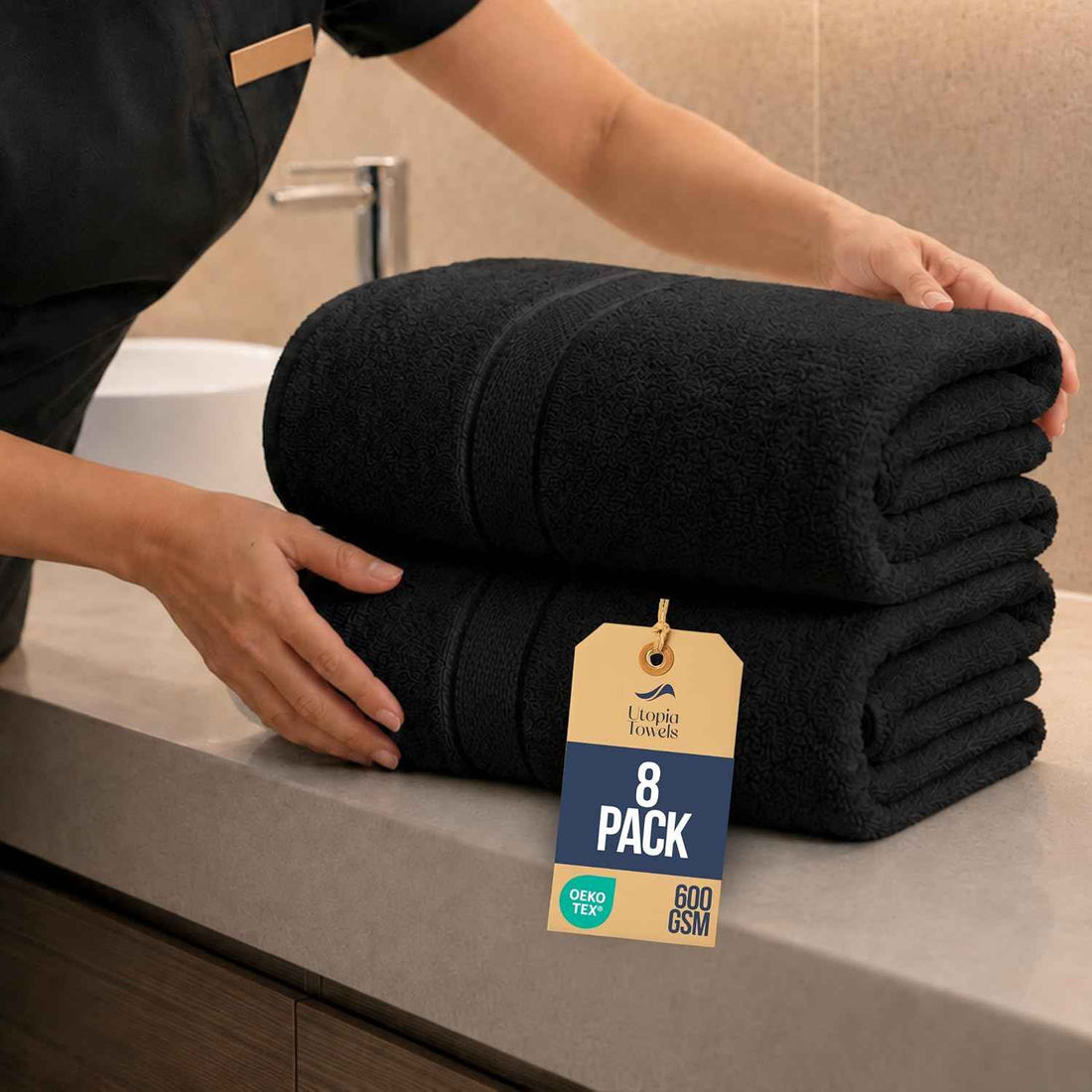 Bulk 8-Pack Commercial Jumbo Bath Sheets, 35" x 70", 600 GSM, Black
