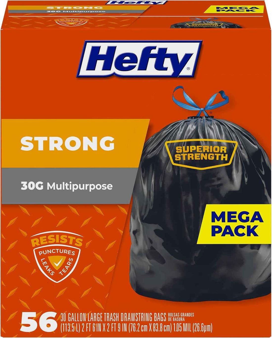 Hefty Strong 30 Gallon Trash Bags, Large Trash Bags 30 Gallon Size, Durable Drawstring Enclosure, Resists Punctures, Leaks, and Tears, Black, Unscented, 56 Bags
