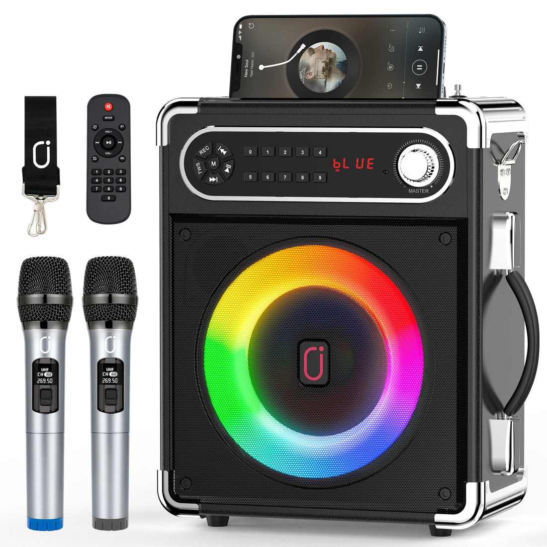JYX Karaoke Machine with Two Wireless Microphones, Portable Bluetooth Speaker with Bass/Treble Adjustment, PA System with