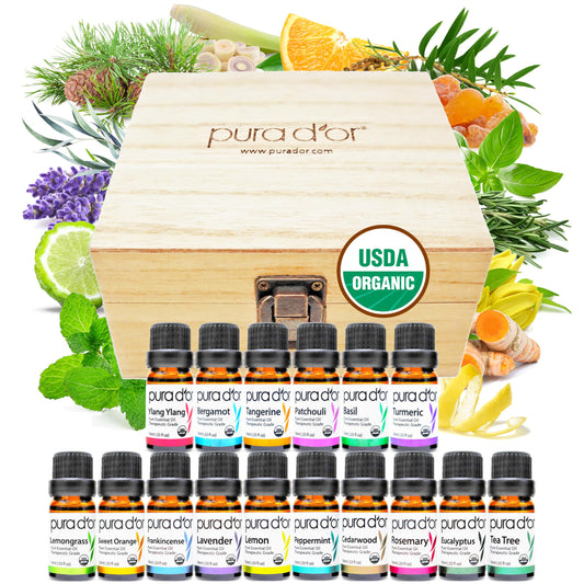 PURA D'OR Organic Sweet16 Essential Oils Set - 16x 10mL Wood Box Aromatherapy Gift Set - 100% Pure Therapeutic Grade for