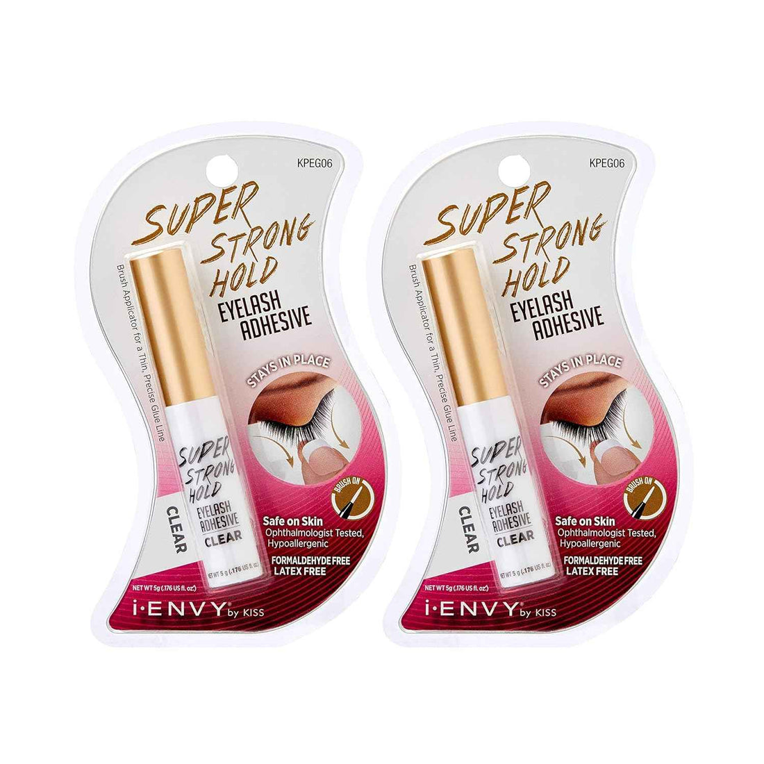 i•ENVY Super Strong Hold Eyelash Adhesive, Waterproof, 48-Hour Long-Lasting Lash Glue, Latex-Free, Hypoallergenic, Quick-Drying with Brush-On Applicator for Strip Lashes (Clear, 2 Pack)
