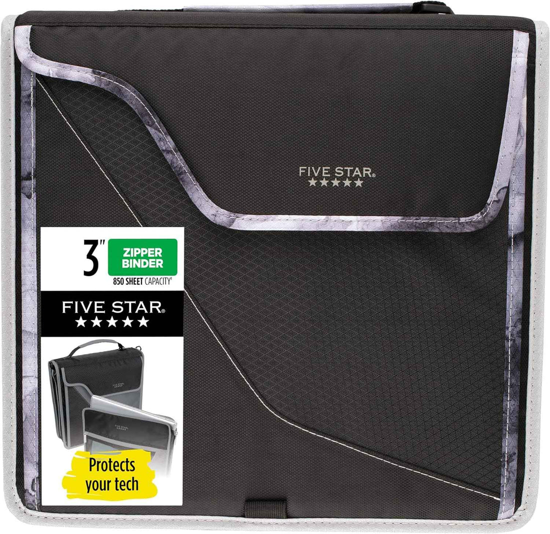 Five Star Zipper Binder, 3 Inch 3-Ring Binder with D Rings, Removable Padded Case, 5-Tab Expanding File and Multi-Use Strap, 850 Sheet Capacity, Black/Gray (29296IT8)