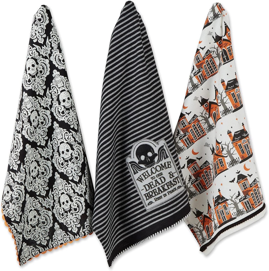 DII Happy Halloween Dishtowel Collection Embellished Cotton Kitchen Hand Towel Set, 18x28, Skull Damask/Haunted House, 3 Count
