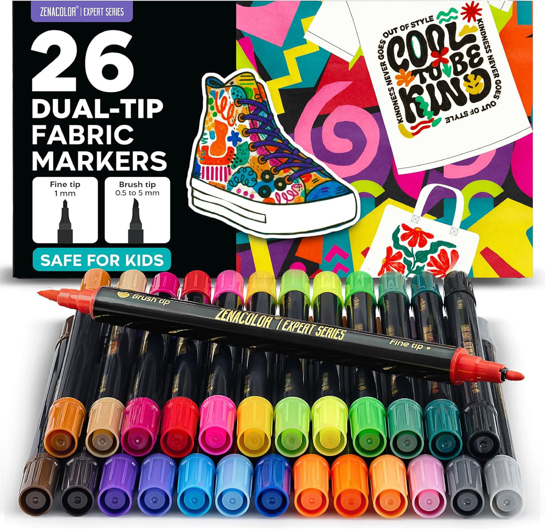 Zenacolor - 26 Fabric Markers Permanent for Clothes - Dual Tip