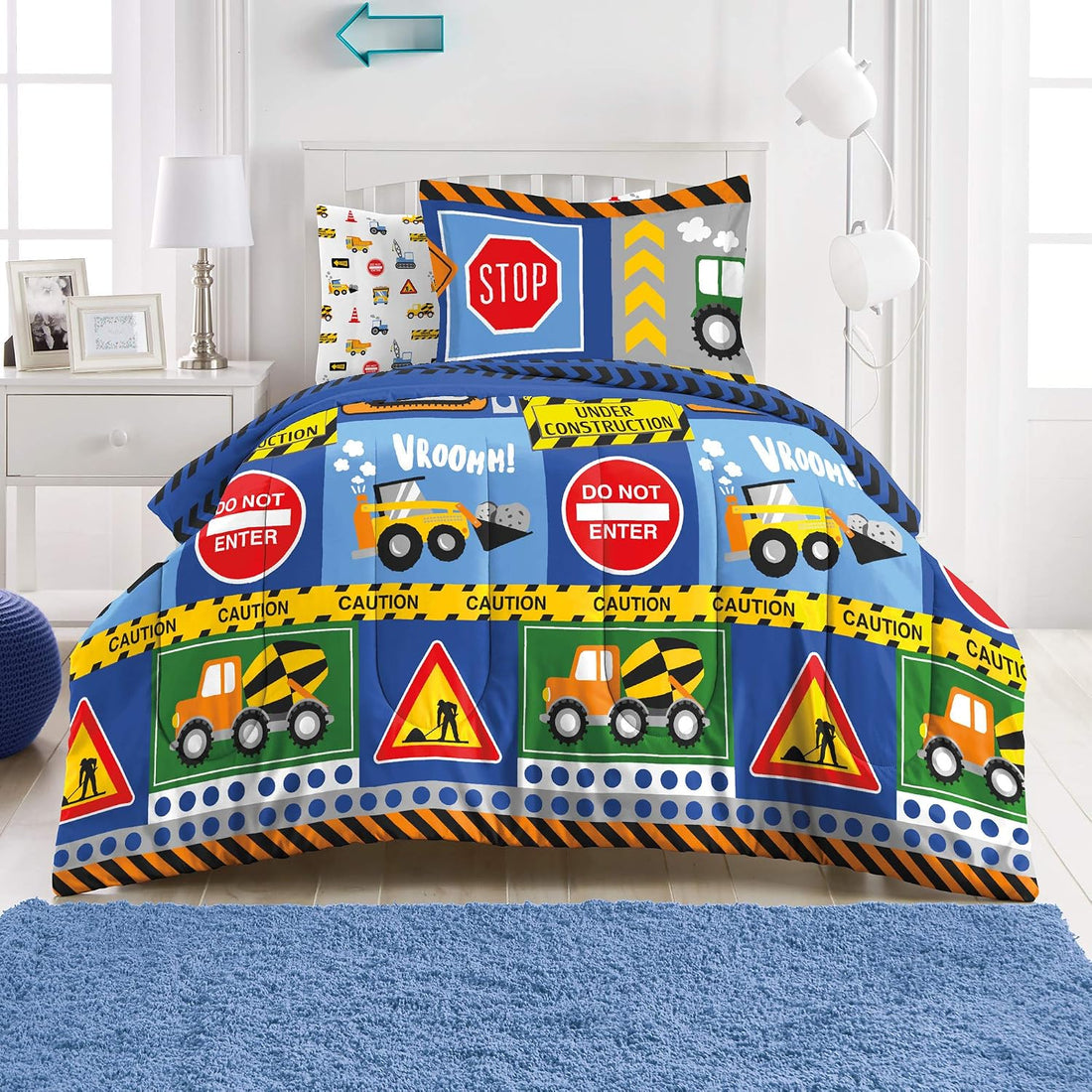 dream FACTORY Kids 5-Piece Complete Set Easy-Wash Super Soft Microfiber Comforter Bedding, Twin, Navy Blue Under Construction