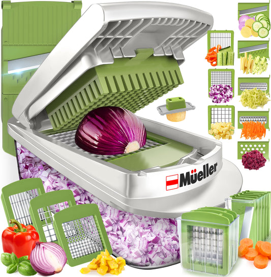 Mueller Pro-Series 10-in-1, 8 Blade Vegetable Chopper, Onion Mincer, Cutter, Dicer, Egg Slicer with Container, French Fry