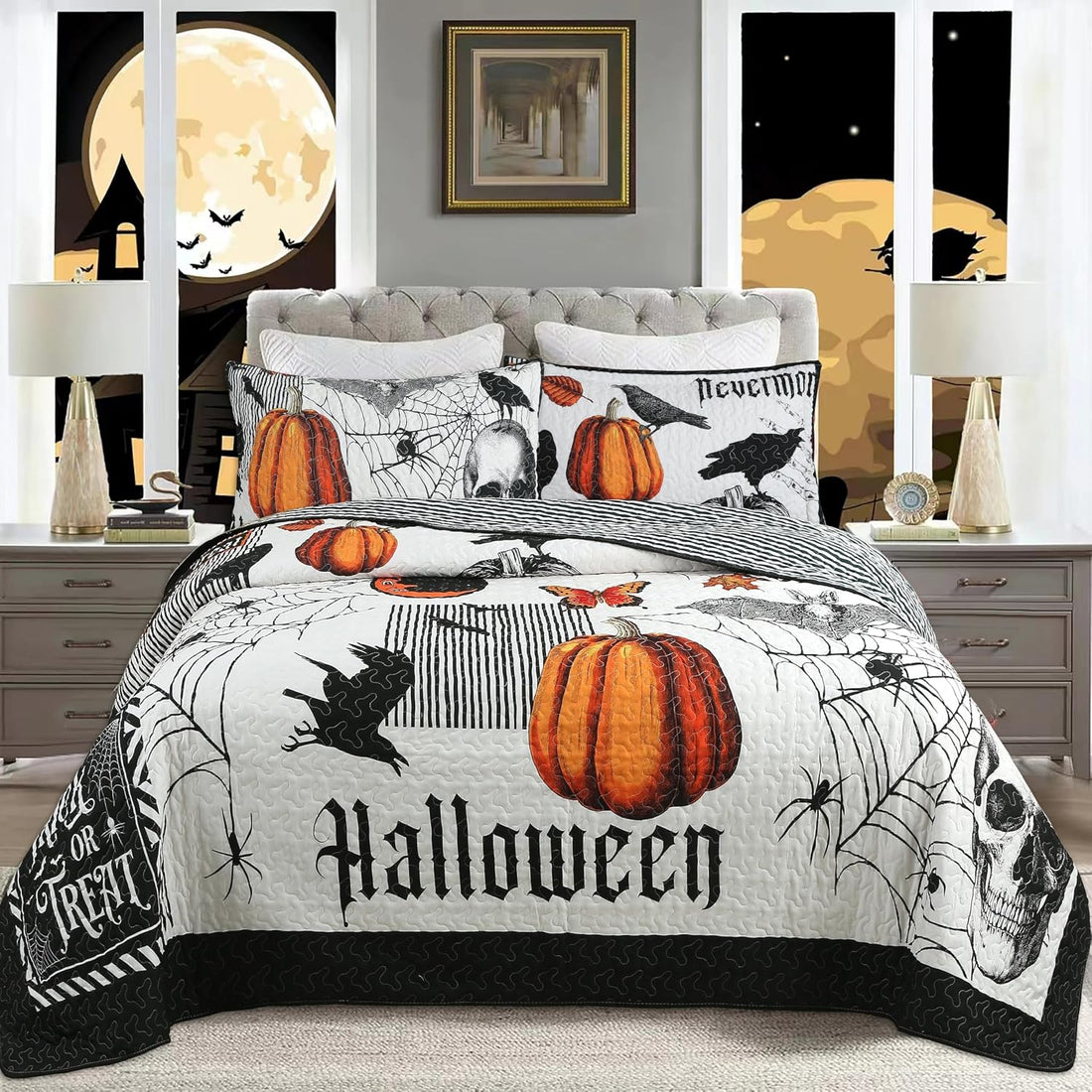 3 Pcs Halloween Pumpkin Quilt Bedspread Set (Halloween, King)