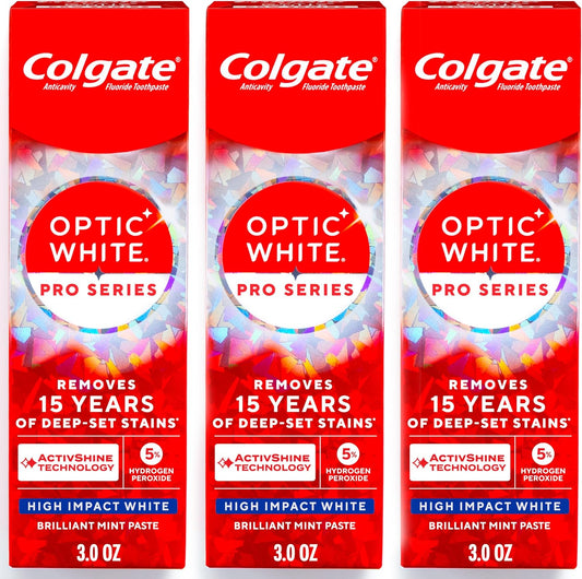 Colgate Optic White Pro Series High Impact White, 3 Pack, Teeth Whitening Toothpaste with 5% Hydrogen Peroxide and ActivShine, Brilliant Mint Flavor, 3.0 OZ