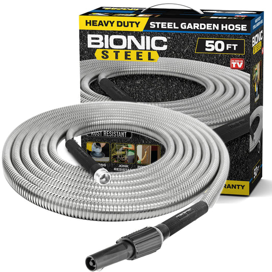 Bionic Steel Metal Garden Hose 50 Ft with Nozzle, 304 Stainless Steel Water Hose, 50 Ft Garden Hose Tough & Flexible, Lightweight, Crush Resistant Fittings, Kink & Tangle Free, Rust Proof - 2024 Model - PCTechSupply.com