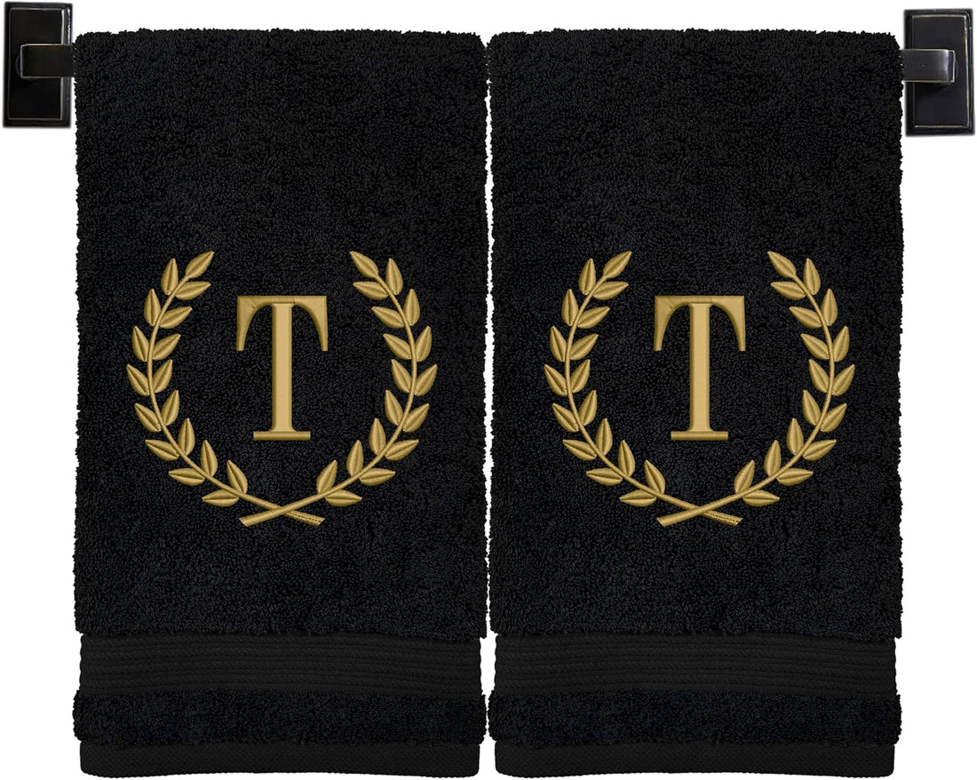 Monogrammed Hand Towels for Bathroom | Set of 2 | Genuine Turkish Towels | Choose Towel and Thread Color | A - Z | Monogrammed Towels with Embroidered Wheat Laurel Design