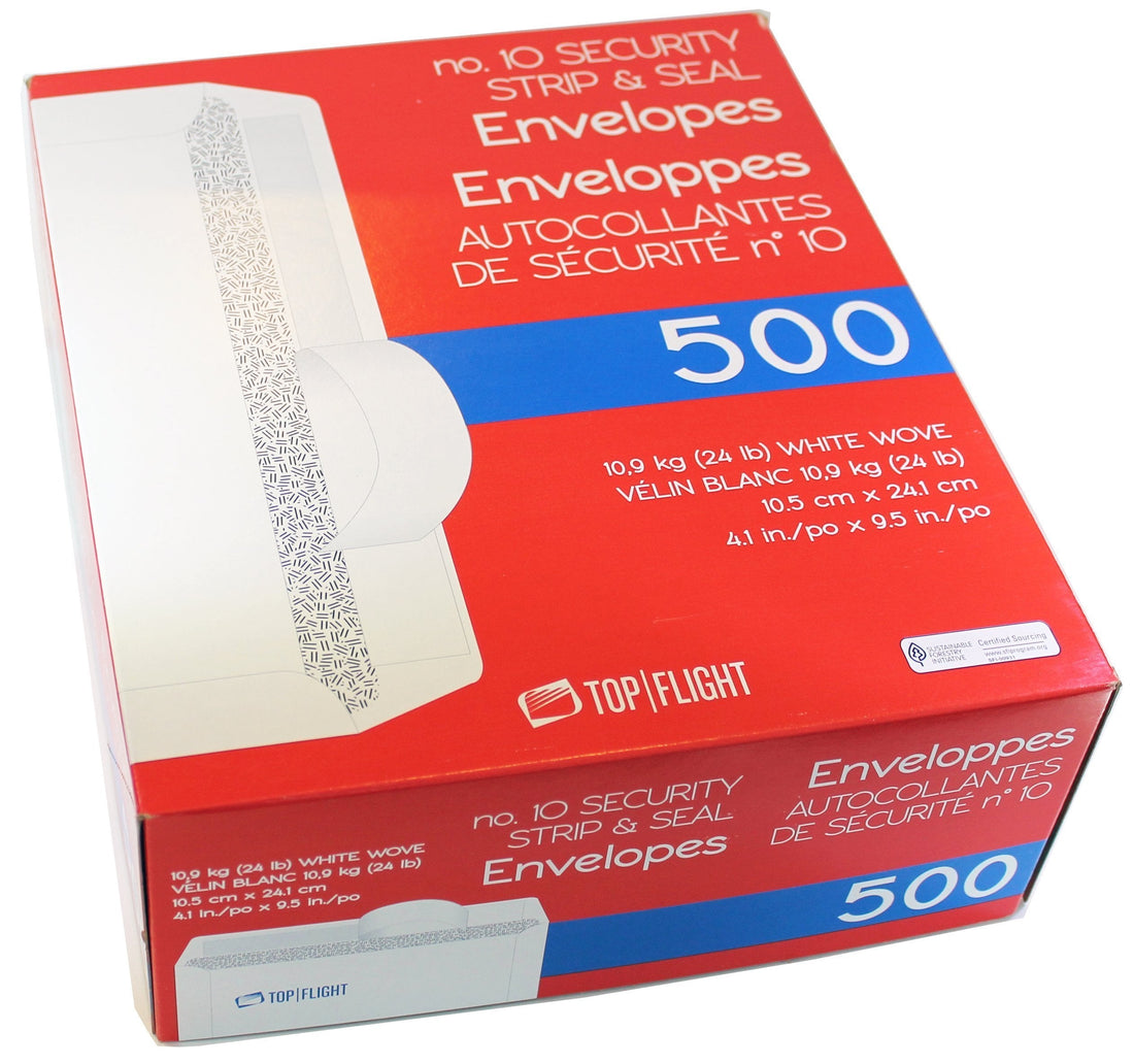 Top Flight PSTF10NWT #10 Envelopes, Strip & Seal, Security Tinted, White Paper, 24 lb, 500 Count - PCTechSupply.com